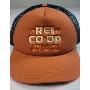 Vtg REI Co-Op Snapback Trucker Hat Trail Supplies Tents Mesh 90s Orange Netplus